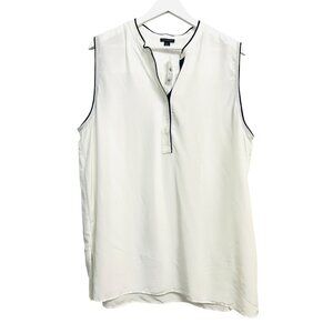 Ann Taylor Sleeveless Blouse Womens 2XL White Navy Trim Button Front Rayon Top
